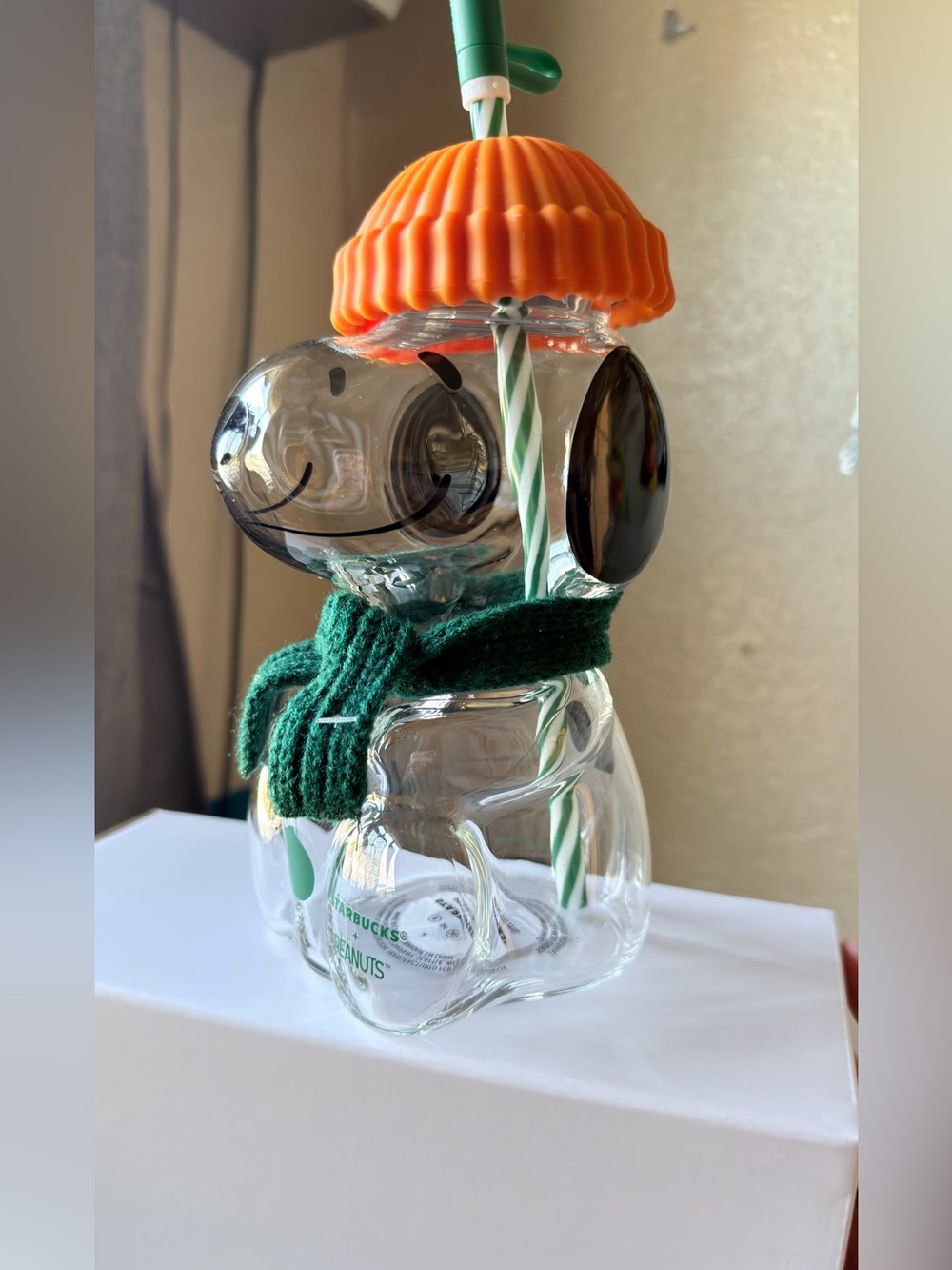 Starbucks Peanuts Glass Snowman Bottle - Orange Hat, Green Scarf